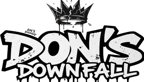Black and white logo with 'Don's Downfall' and a crown on a white background